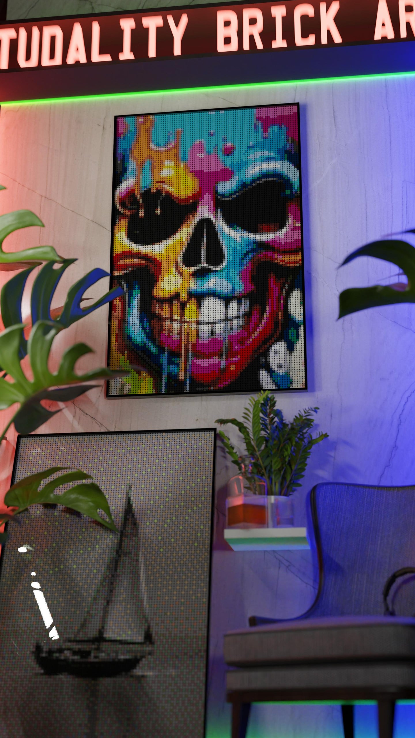 Vivid Decay LEGO® Style mosaic wall art made from colorful plastic bricks
